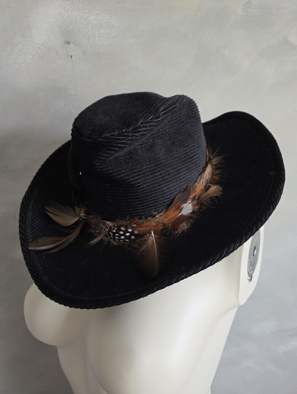 Vintage 70s Bronco-Buster Black Corduroy Cowboy Hat with Feather Band Size M